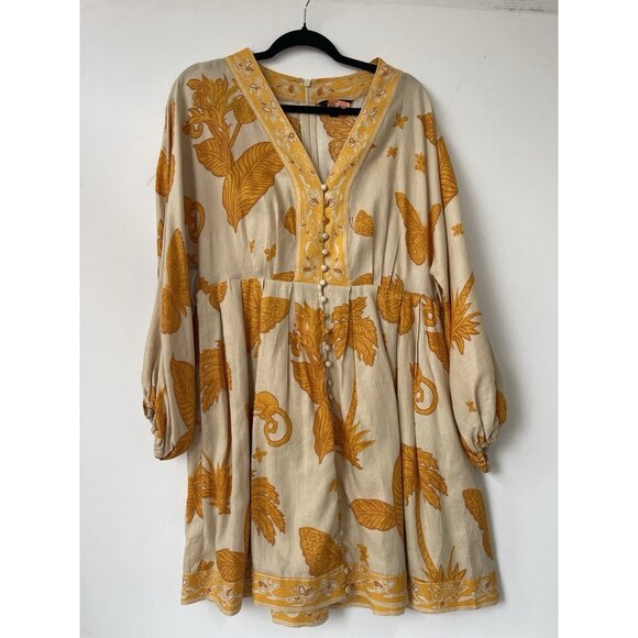 Banana Republic Linen Blend Mini Dress Yellow Beige Tropical Print Size 10 Pocke - Picture 2 of 7